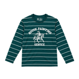 Jester Long Sleeve in petrol green with all-over white stripes and the Jester graphic, front — House Painting Service