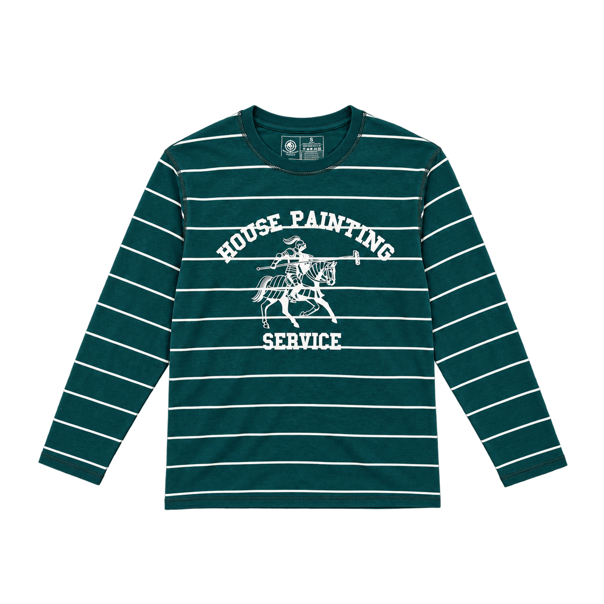 Jester Long Sleeve in petrol green with all-over white stripes and the Jester graphic, front — House Painting Service